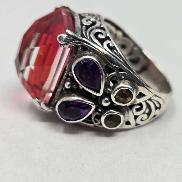 Mystic Quartz Ring Sz 5.5 Sterling Silver Amethyst Citrine Brown Stones Ornate - Picture 6 of 9